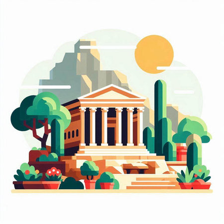 Ancient Greek temple in the city. Vector illustration in flat style.のイラスト素材