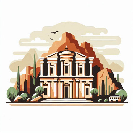 Ancient Greek temple in the desert. Vector illustration in flat style.のイラスト素材