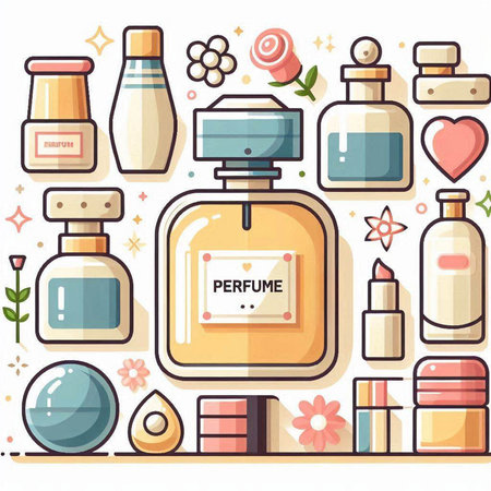 Perfume bottle and cosmetics. Vector illustration in flat style.のイラスト素材