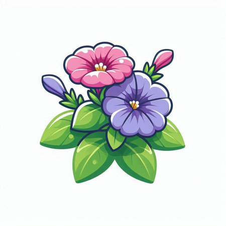 Illustration of a purple flower with green leaves on a white backgroundのイラスト素材