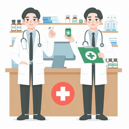 Male pharmacist standing at the counter of a drugstore. Vector illustration.のイラスト素材