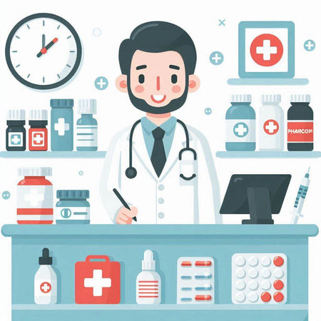 Doctor working at the hospital. Vector illustration in flat design style.のイラスト素材