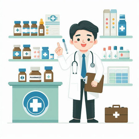 Male doctor with stethoscope standing at the counter in the pharmacyのイラスト素材