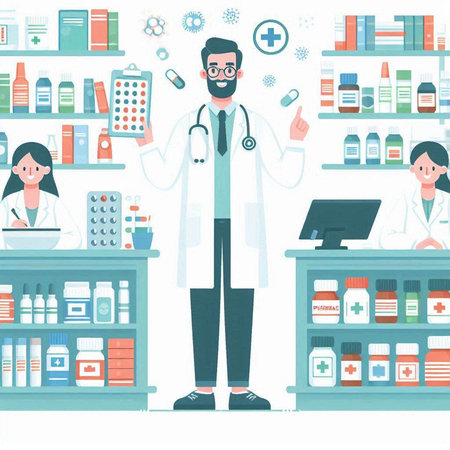 Vector illustration of male pharmacist standing in front of shelves full of medicines.のイラスト素材