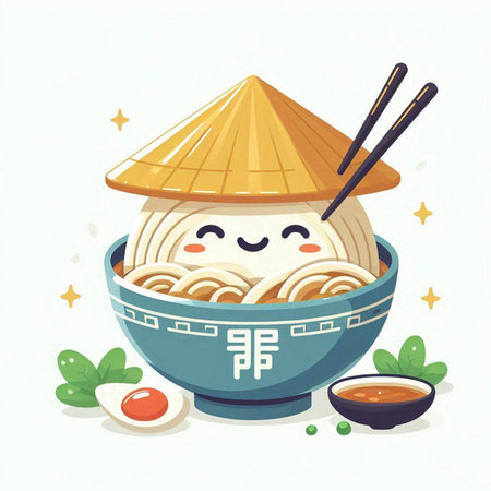 Illustration of japanese ramen noodle with kawaii characterのイラスト素材