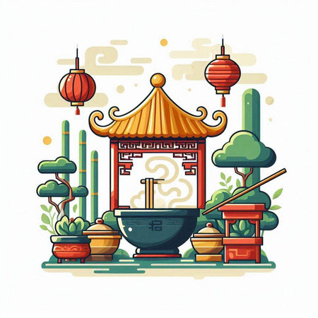 Chinese temple vector illustration. Chinese temple, pagoda, pot, lanterns, bamboo.のイラスト素材