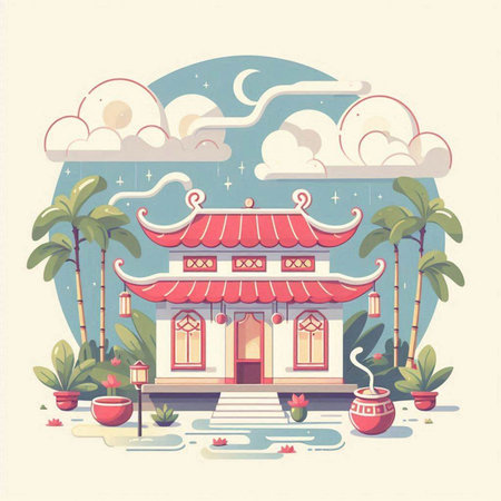Chinese temple with moon and clouds in flat style. Vector illustration.のイラスト素材