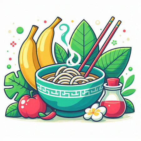 Noodles in bowl with chopsticks and banana, vector illustrationのイラスト素材