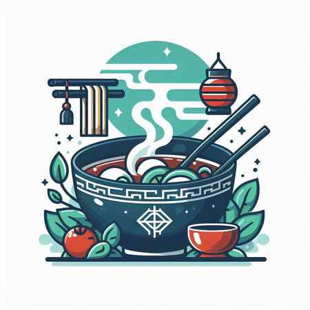 Noodle soup in bowl with chopsticks. Oriental cuisine. Vector illustrationのイラスト素材