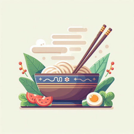 Noodles in bowl with chopsticks. Vector illustration of Japanese food.のイラスト素材