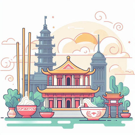 Illustration of chinese temple in flat style. Vector illustration.のイラスト素材
