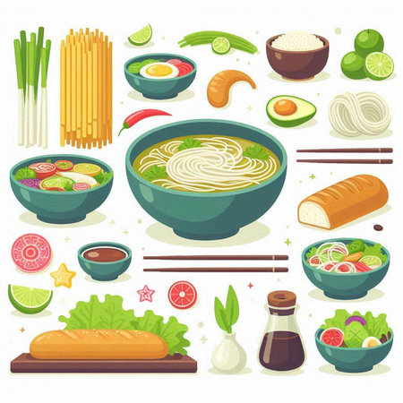Noodle soup in bowl with chopsticks, noodles and vegetables. Vector illustrationのイラスト素材