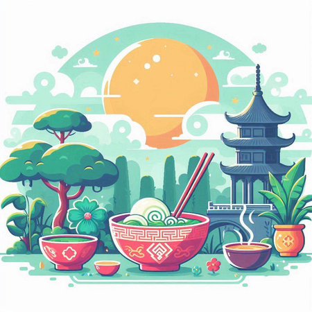 Chinese New Year Greeting Card, Vector Illustration of Chinese New Year Landscapeのイラスト素材
