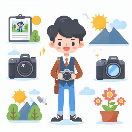 Photographer man with camera and nature icons set. Vector illustration.のイラスト素材