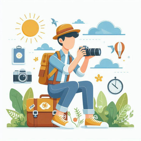 Man tourist with backpack and camera sitting on suitcase. Vector illustration.のイラスト素材