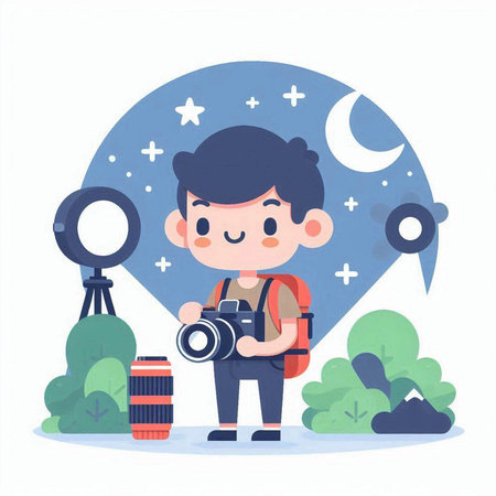 Photographer with camera on the background of the night sky. Vector illustrationのイラスト素材