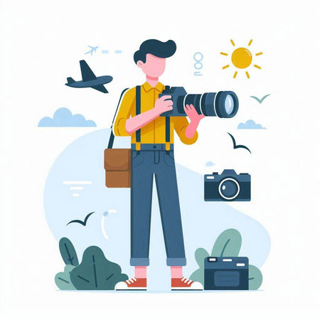 Photographer with camera, vector illustration in flat style. Photographer with camera.のイラスト素材