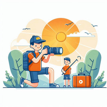 Tourist man with camera and backpack in the park. Vector illustrationのイラスト素材