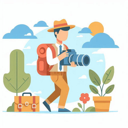 Tourist with a camera on the background of nature. Vector illustrationのイラスト素材