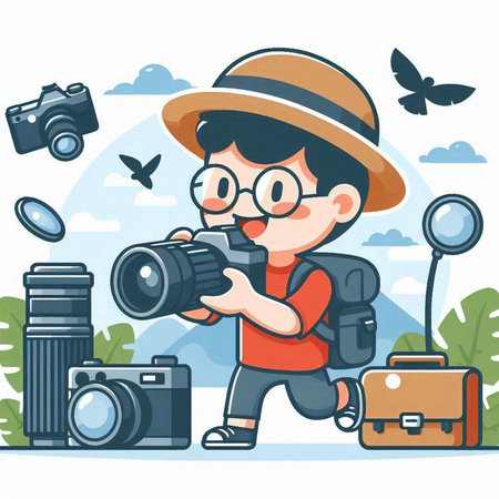Boy photographer with camera and equipment. Vector illustration in cartoon style.のイラスト素材