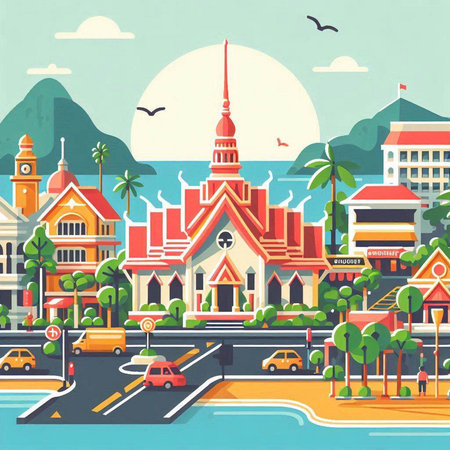 Buddhist temple on the sea. Vector illustration in flat styleのイラスト素材