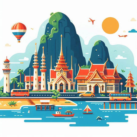 Thailand travel landscape. Landmarks of Thailand. Vector illustration.のイラスト素材