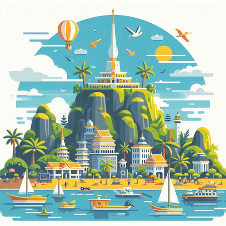 Thailand travel vector illustration. Landmarks of Thailand in flat style.のイラスト素材