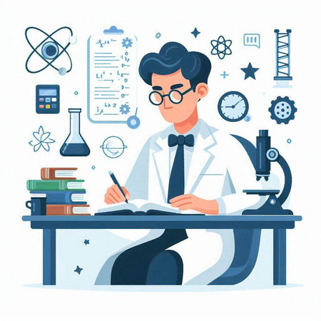 Scientist sitting at desk and writing in notebook. Flat style vector illustration.のイラスト素材