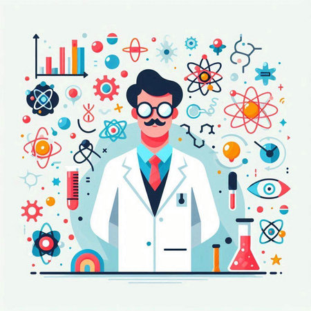 Scientist flat vector illustration. Scientist, scientist, chemist, scientist, laboratory assistant, scientific research and development concept.のイラスト素材