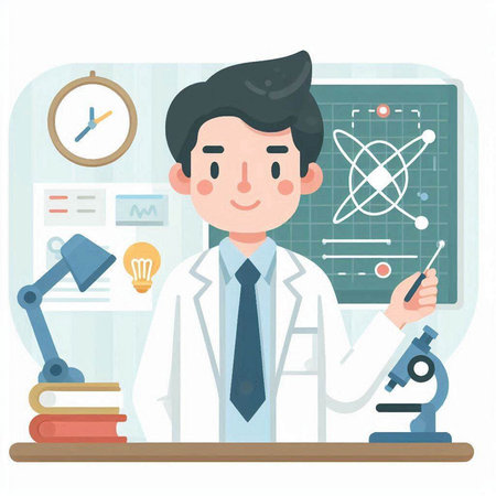 Male scientist in lab coat and glasses working with microscope, test tubes, test tubes and books. Vector flat illustrationのイラスト素材