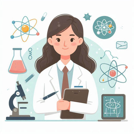 Female scientist in laboratory. Vector illustration in flat cartoon style. Isolated on white background.のイラスト素材