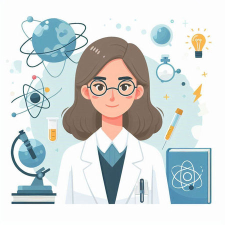 Scientist woman in white coat and glasses. Vector illustration in flat styleのイラスト素材