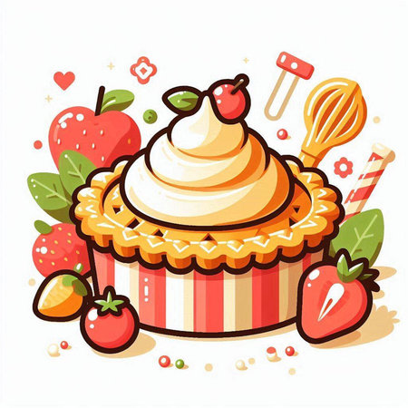 Vector illustration of a cupcake with whipped cream, strawberries and cherriesのイラスト素材