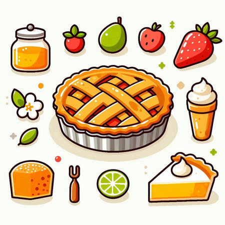 Set of vector illustrations. Pie, cake, fruit, jam, ice cream.のイラスト素材