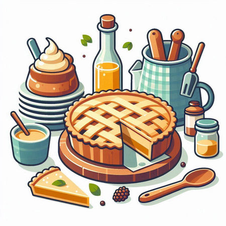 Vector illustration of a pie with ice cream, cup of coffee, spoon, honey, jam and other kitchen supplies.のイラスト素材