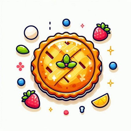 Sweet pie with berries and fruits. Vector illustration in cartoon style.のイラスト素材