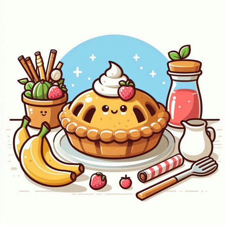 Cartoon illustration of apple pie with whipped cream and fruit in a bowlのイラスト素材