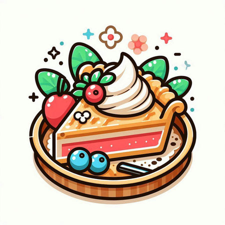 Vector illustration of a slice of cake with whipped cream and berries in wooden plate.のイラスト素材