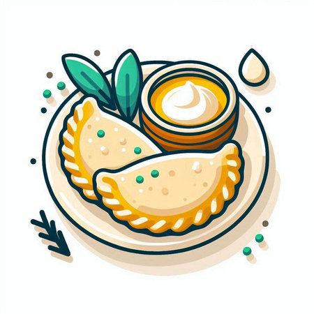 Vector illustration of dumplings with cottage cheese and sauce on white backgroundのイラスト素材