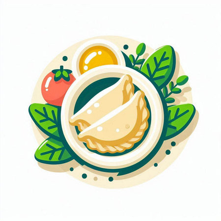 Vector illustration of dumplings in a bowl with tomato and basil.のイラスト素材