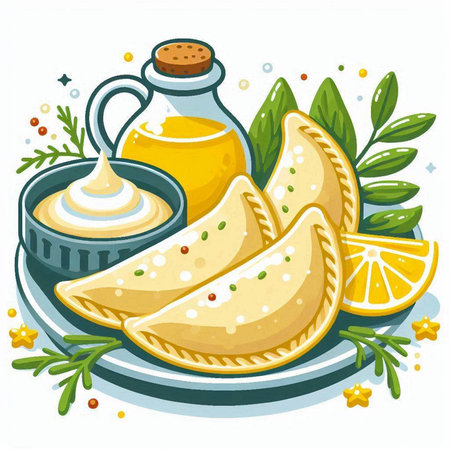 Illustration of empanadas with sauce and lemon on white backgroundのイラスト素材