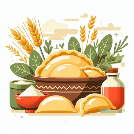 Vector illustration of traditional indian dumplings in bowl with ingredients.のイラスト素材