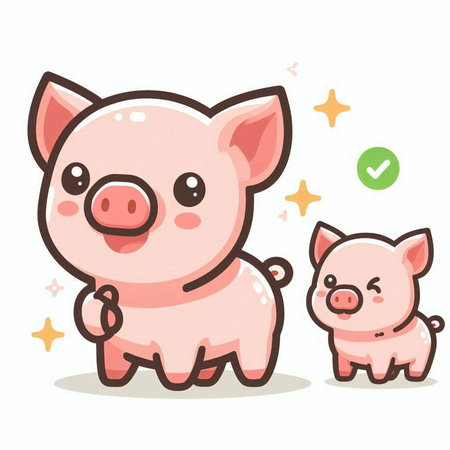 Cute piggy with little piglet and check mark. Vector illustration.のイラスト素材