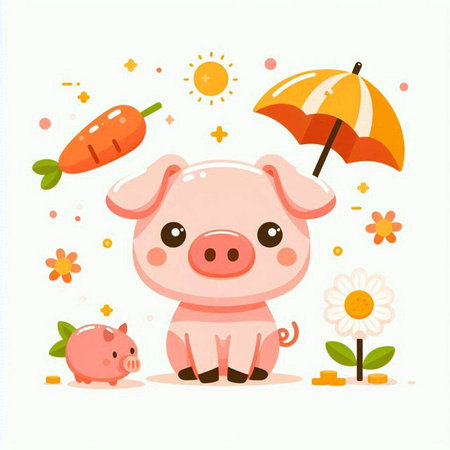Cute pig with umbrella, carrot and flower. Vector illustration.のイラスト素材