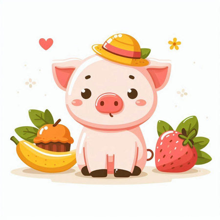 Cute cartoon pig with a straw hat and strawberries. Vector illustration.のイラスト素材
