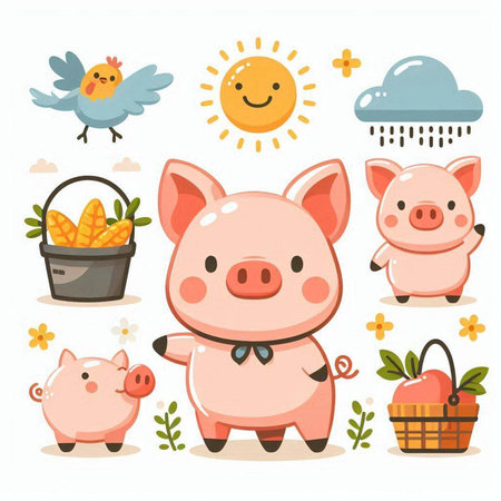 Set of cute cartoon farm animals. Pig, piglet, chicken, rabbit, bird, basket, cloud, sun. Vector illustrationのイラスト素材