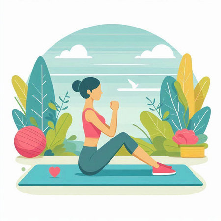 Vector illustration of a woman doing yoga in the park. Healthy lifestyle.のイラスト素材