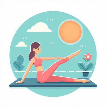 Woman practicing yoga in the park. Vector illustration in flat style.のイラスト素材