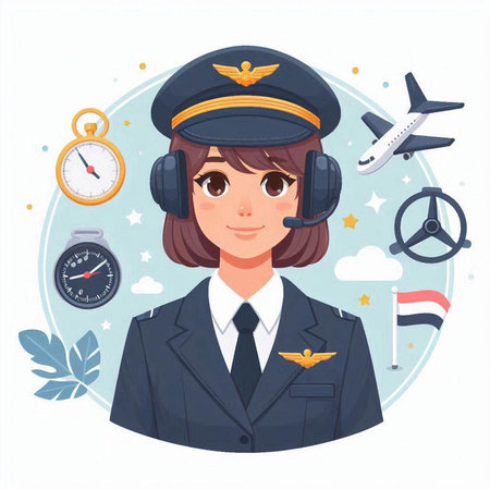 Pilot girl in uniform. Vector illustration in a flat style.のイラスト素材