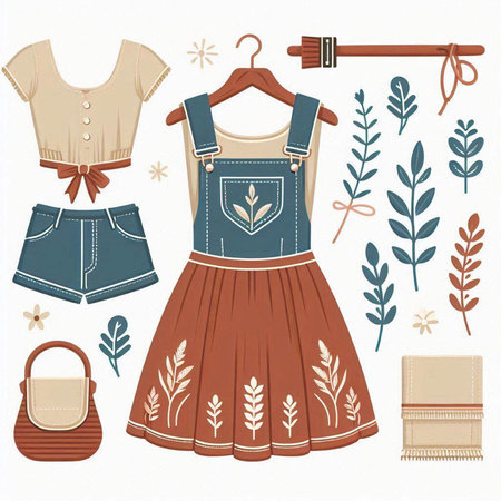 Set of clothes and accessories for women. Vector illustration in retro style.のイラスト素材